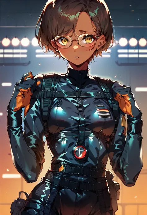 beautiful shy anime pilot woman, tanned skin, short brown hair, aviator glasses, yellow eyes, black tactical leather flightsuit,...