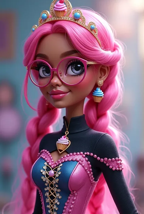 Imagem da filha da Faybelle Thorn e da Ginger Breadhouse de Ever After High: A teenage girl with all pink hair in low pigtails with no braid in her hair, cupcake tiara without crown, very dark brown skin, grey-eyed, circle glasses with pink frame, pink and...