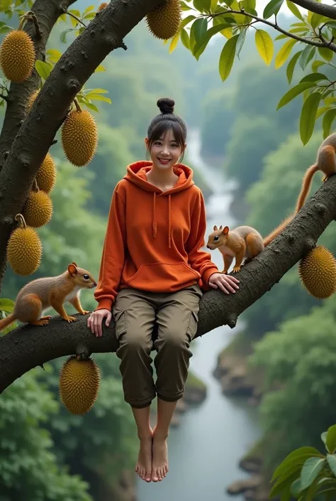 A cinematic medium that shows a beautiful Thai woman with smooth white skin, a perfectly groomed face, her hair tied up in a bun with Korean-style bangs., wearing a red orange hoodie  , brown knee length cargo pants ,her hair is tied up in a Korean style b...