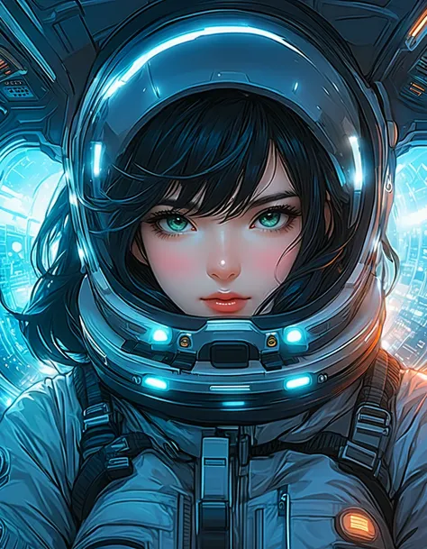 anime girl in futuristic cockpit black hair (detailed eyes) (detailed lips) ((best quality))