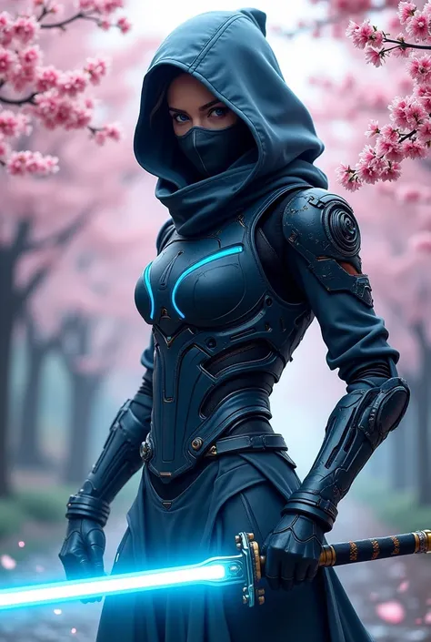 female shinobi with mechanical armor, hooded, mouth mask, mechanical ninja costume, holding blue laser sword, neon glowing body , cherry blossom background, Japan, Body, High Quality