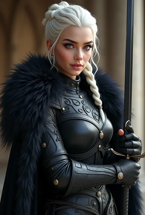 ((best qualityer)) , (detailded), Visenya Targaryen Dazzling, Black Dragon Armor, Black Sword((best qualityer)) , (detailded), Visenya Targaryen Dazzling, Black Dragon Armor, Black Sword, Queen dos dragões, as showcasingo uma versão da vida real , white Ta...