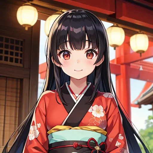 kimono、Age 25、Laughter、frontage、Light in the eyes、Upper body、Black Hair、Hime cutヘアー、Hime cut、Bangs、Traditional Japanese Clothing、Look this way、Upper body、The light hits from the front