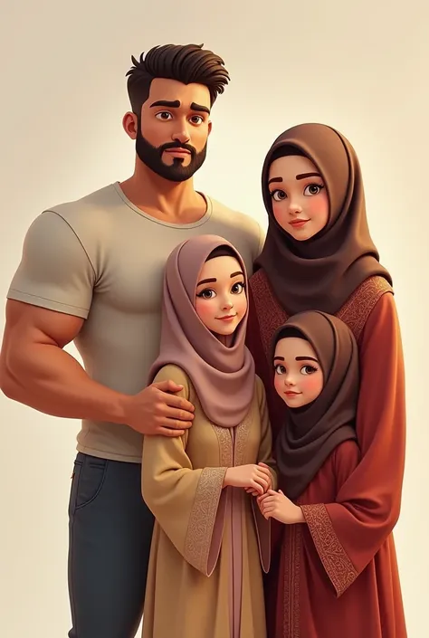 Animated portrait of a harmonious family, muscular father wearing a short t-shirt, mother wearing a neat hijab, two girls wearing hijab wearing luxurious robes