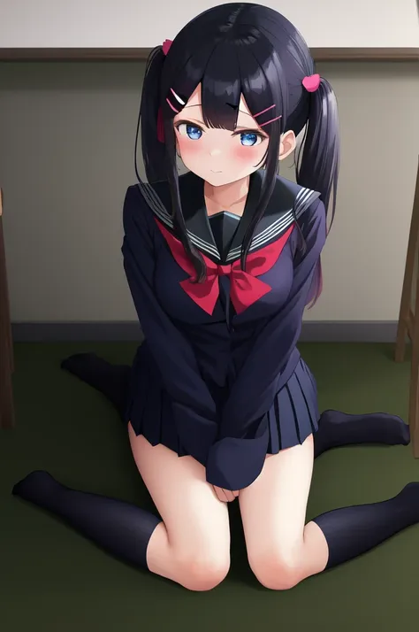 masterpiece, best quality, highres, 1girl hairclip, tokiwadai school uniform sitting, wariza