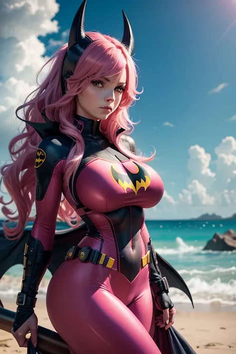 Batgirl, long wavy hair, pink hair, with full red lycra clothing, looking ahead, with big breasts, sexy body, ruined landscape