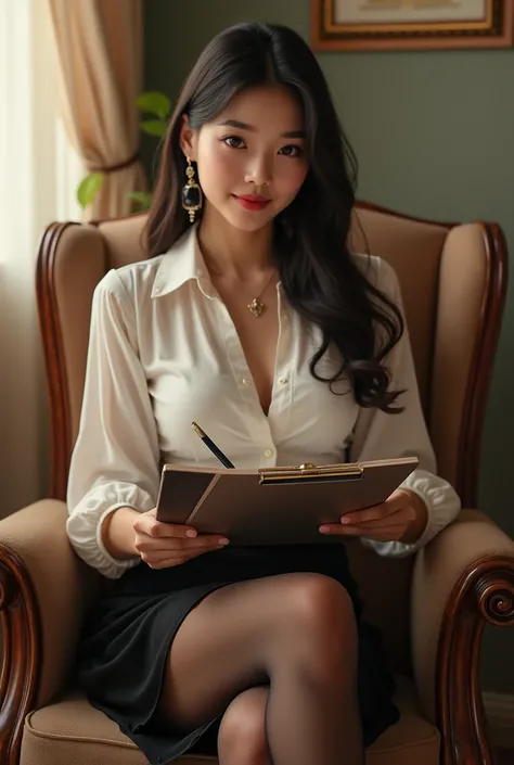 photorealistic, beautiful young Asian woman, 1, gorgeous face, kind expression, winged_eyeliner, sitting with thighs crossed on rolling_chair, writing on clipboard, wearing tight white_blouse and black skirt with stockings, earrings, large bust, indoors, s...