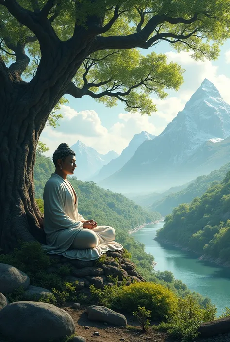 Buddha sitting under bodhi tree doing meditation and make background realistic landscape 