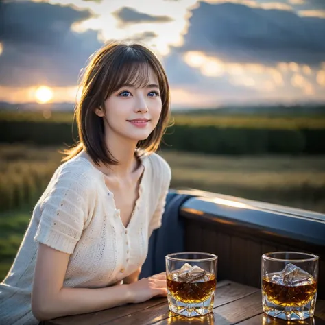 (Realistic, 超Realistic:1.4), 16k hdr, High resolution,Brown short hair,The best smile、Japanese actress,Super Beauty(Like the real thing),Short sleeve dress,Whiskey Bottle、The Macallan、Johnnie Walker、、Old Parr、whiskey、Suntory、Nikka、Slim couple、Model Couple、...