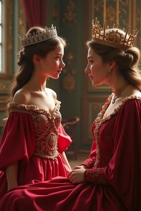 A  girl is talking with a queen who wears red dress