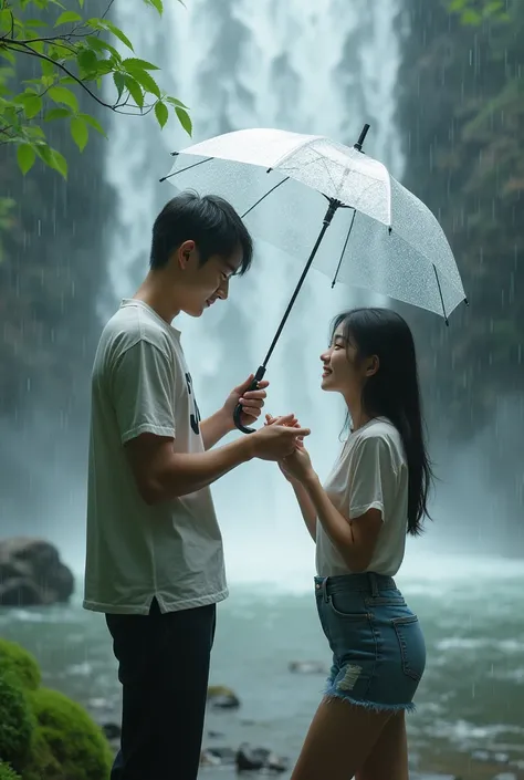 A tall, handsome korean boy is standing, and in the background, a beautiful waterfall is flowing. He is putting a ring on his girlfriends finger, it is raining, and he is also holding an umbrella raining is very fast falling form umbrella with winters boy ...