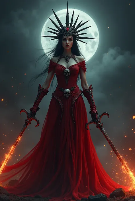 whole, goddess of death, Norse mythology, Scarlet sorceress with a tiara with several blades on her head, Skull necklace, Wearing a dress made of skulls and blades, Guviz-style artwork, ross tran 8k, a beautiful fantasy empress, 8k detailed art of high qua...