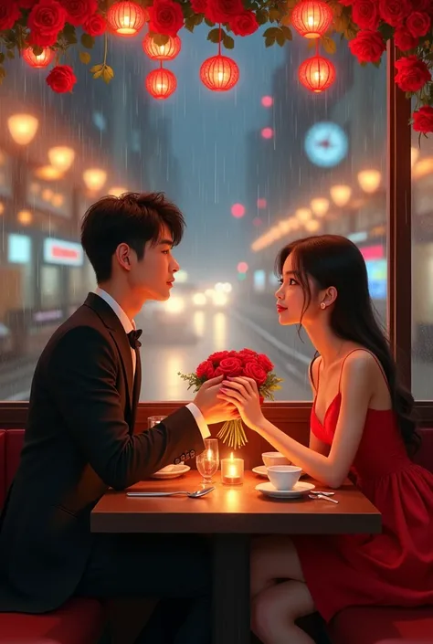 A 1 tall and handsome Korean boy is on a date with his cute girlfriend at a restaurant. It is raining outside the restaurant, and they are enjoying a beautiful view of the transport in the background. The table inside is adorned with red roses