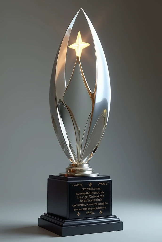 "Create a sleek and sophisticated trophy with a contemporary design. The trophy should have a minimalist yet elegant aesthetic, featuring smooth curves or sharp geometric lines that symbolize achievement and excellence. The material should be a combination...