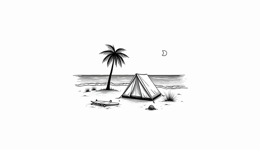 "A minimalist blackwork tattoo depicting a tranquil beach scene. In the background, a simple horizon where the ocean meets the sky. On the shore, a small camp tent, stylized with clean, detailed lines. Some simple natural elements like a couple of palm tre...