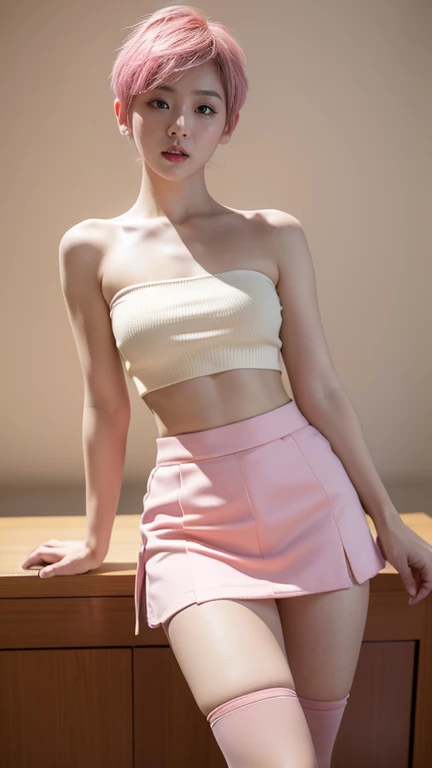 (8k, RAW Photos, Highest quality, masterpiece: 1.2), Very detailed, Super Resolution, (Genuine, Genuine photos: 1.37),  mini skirt，Yellow tube top、Clothes，((Pink short cropped hair))，Pink Skirt，Red Stockings