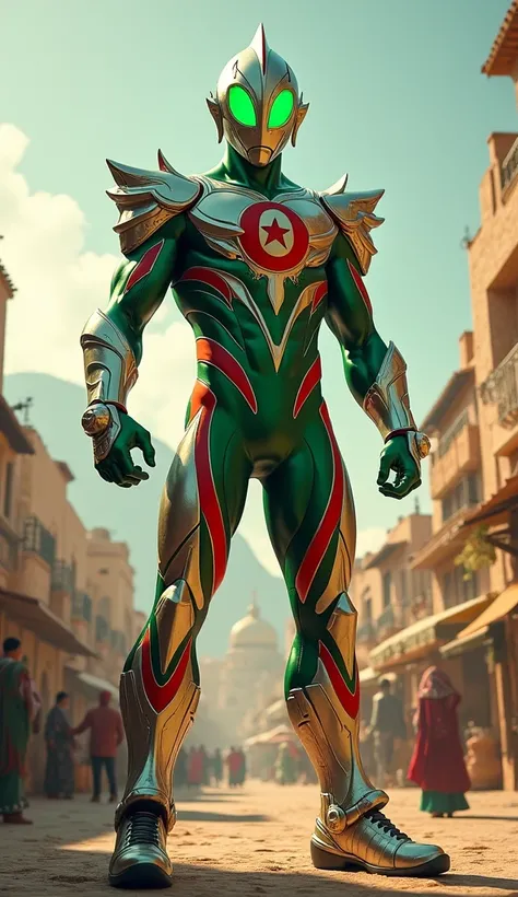 Create an Ultraman character with an Algerian twist. His body should be tall and athletic, reflecting the strength and resilience of the Algerian people. His outfit should incorporate the colors of the Algerian flag: green, white, and red. The suit should ...