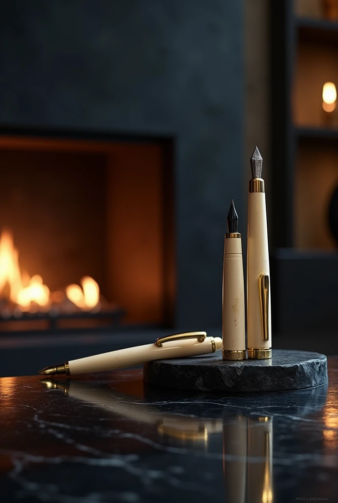 Still-life photography. Portrait. Zoom in on foreground. Foreground is a set of luxury fountain pens with ivory and quartz accents. Zoom in on pens. Luxury fountain pens displayed upright in an elegant casing. Luxury fountain pens are off-centre to the rig...