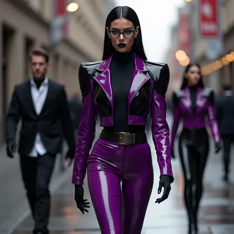 Femme, latex, brillant, costume, pantalon large latex violet foncé, chemise latex noire, veste courte costume latex violet foncé, larges épolettes veste latex noir, chaussettes latex noire, escarpins vinyl violet foncé, cheveux raide arriere, lèvres noir b...