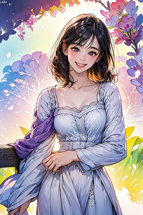 (in 8K、top-quality、​masterpiece:1.2)、One woman、(Smiling smile:1.1)、beautidful eyes、Valley、The upper part of the body、shorth hair、Like a boy、Colossal 、Purple View、Large Breasts, Simple Background, clear、Knit dress、Cleavage