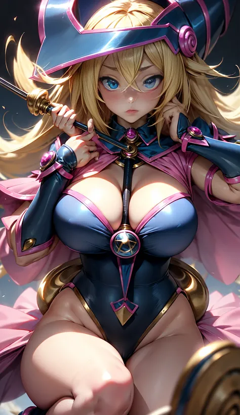 black magician girl、Super thick chest、very blonde hair、Magic Circle、8k, 4k, Of the highest quality, High resolution: 1.2),flicker、an exposed breast、cute anime face、pink blush on the cheeks.、noise removal、Leotard that bites、have a cane、Hold your cane、