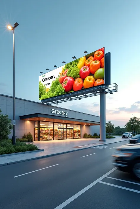 Create realistic an big grocery  store with big Billboard from outside in open area in YouTube thumbnail size from front direction