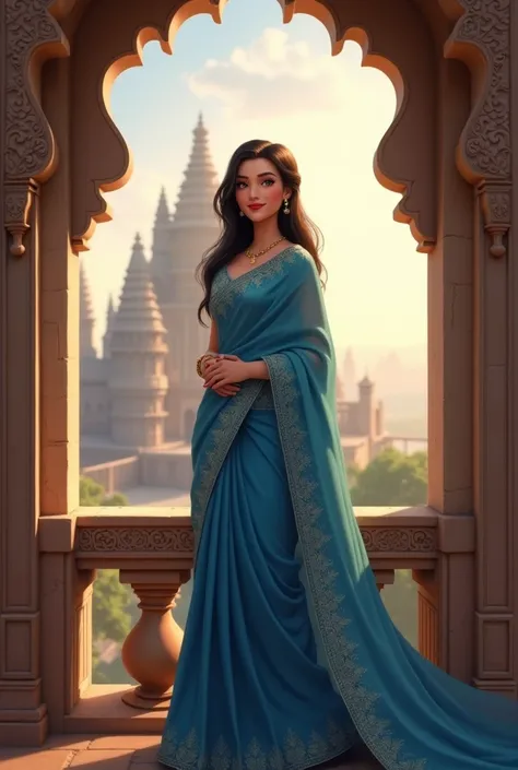 Disney princess realistic wearing a blue full sleeve saare stand in the fort top of the balcony and giving beautiful smile 