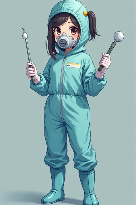 Young beautiful, anime girl dentist, dressed in a medical suit, knee-high rubber boots, latex gloves, full face respirator mask protecting the entire face, with the jumpsuit hood on, all parts of the body are completely covered, holds tools in hands