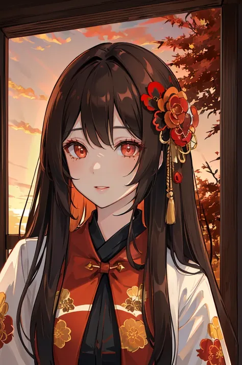 ((masterpiece,High resolution,8K quality,Highest quality)),One Girl,((Highly detailed face)),woman,Delicate eyes,((Crimson Eyes)),((Hairstyle:Straight and long,Black-haired,Hair exposed to light turns dark red)),red classic pattern ribbon,Deep orange class...