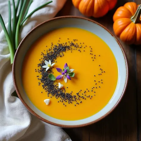 Homemade spring PUMPKIN cream soup decorated with black sesame seeds and edible chives flowers. rustic table and tablecloth , rustic concept