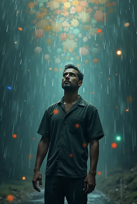 A surreal scene with a realstic man  standing in the rain, but instead of water, dream-like images or colorful stars fall from the sky, symbolizing desires mixed with fantasies.