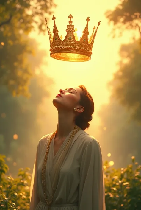 A golden crown floating above the head of a person who has overcome challenges, in a sunny landscape