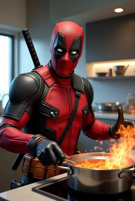 Deadpool is cooking with a spatula，Look at the lens