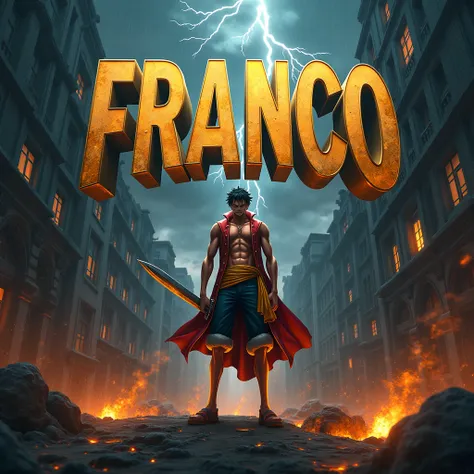 A stunning conceptual art piece inspired by one peace luffy style, featuring a muscular protagonist with a fierce expression a sharp sword.name large " FRANCO" 3D giant shiny gold letters standing on it clearly.The background is a dark, chaotic cityscape w...