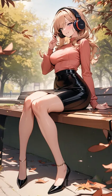 ((Top Quality)), ((Masterpiece)), ((Details)), perfect face, perfect body, fallen leaves background, sitting in a park, listening to music, sitting with legs apart, wearing tight clothes, wear a tight skirt, dating, Woman with face visible, glamorous, peac...