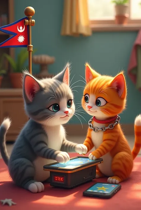 Cat playing games on mobile with nepal flag cat wearing chain named as manoj love meow