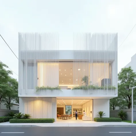 Create a modern minimalist architectural structure with clean, simple lines and a prominent use of vertical slats on the facade. The building should have a white color scheme, large open spaces, and incorporate natural elements such as greenery in the desi...