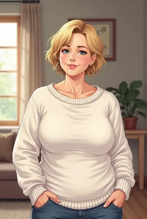 masterpiece,(best quality, illustration,detailed face:1.3),(1girl,solo:1.3), chubby, tan_skin, shy_smile, small_smile, large_breasts, short_hair, blonde_hair, indoors_house_setting, white_sweater, hoop_earrings, 40_year_old, woman