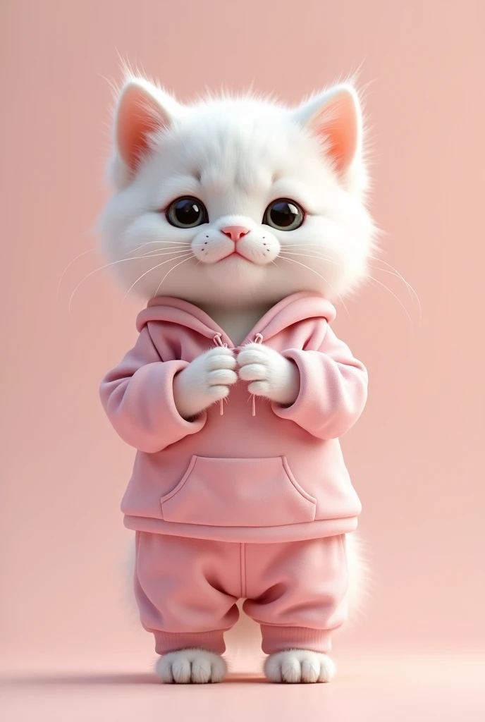 A realistic kitten wearing a pink sweatshirt and pants standing on two legs,cute,White cat,smile,whole body,Alone