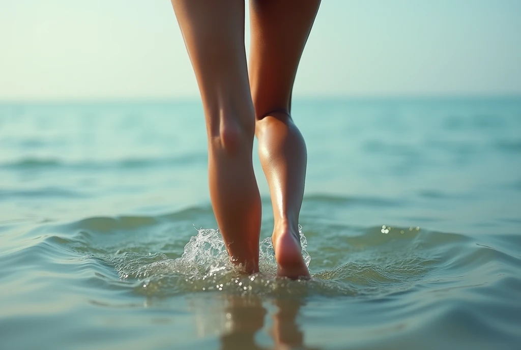 Female sexy legs close up, standing in the sea, enters the sea, view from the back, mirimalism,, texture 8k, very detailed, realistic, soft cinematic light, HDR, Sharp Focus, masterpiece, Photoр realistic, Photo, award winning, Canon EOS P5, 35mm plain bac...