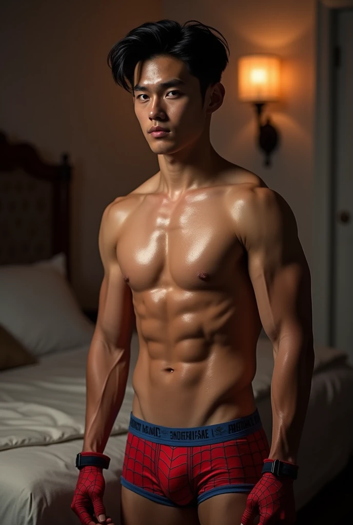 Handsome Asian teen model, muscular, sweaty, bedroom, sexy, Korean, Japanese, Chinese, bulging, sweaty, hot, realistic, black hair, perfect Asian male face, Spiderman patterned underwear, Spiderman socks and gloves, naked, shirtless, muscular, sixpack abs ...