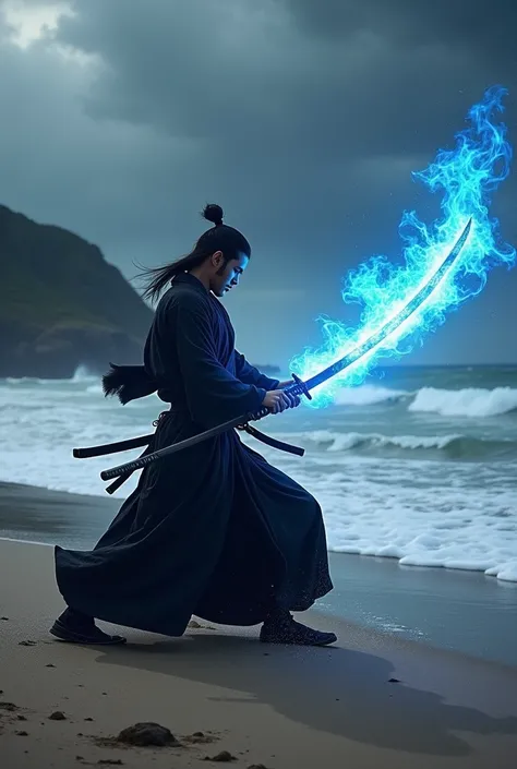 A samurai practicing with his katana in seashore where his katana has blue flames and he should wear traditional black kimono outfit and side shot image shadow dark clouds 