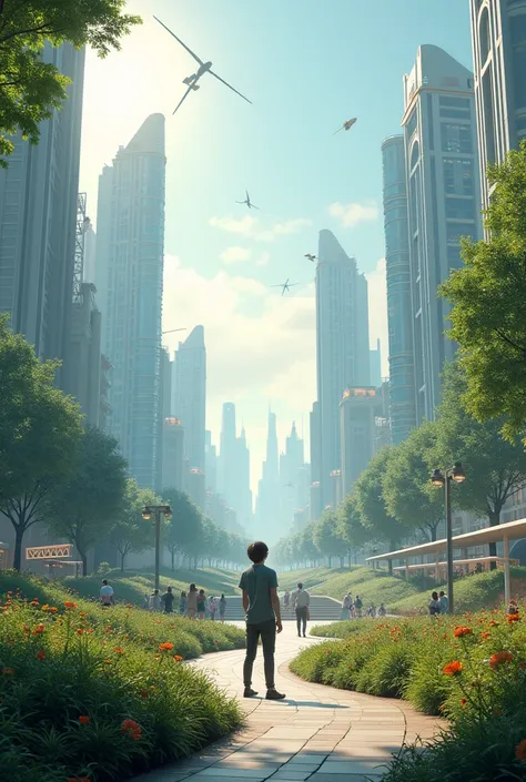  in the future, where technology and passion come together, our journey together will be endless.
 show a sustainable futuristic city, with tall, thin buildings that seem to dance amidst the vegetation. The streets are wide and clean, with silent flying ca...