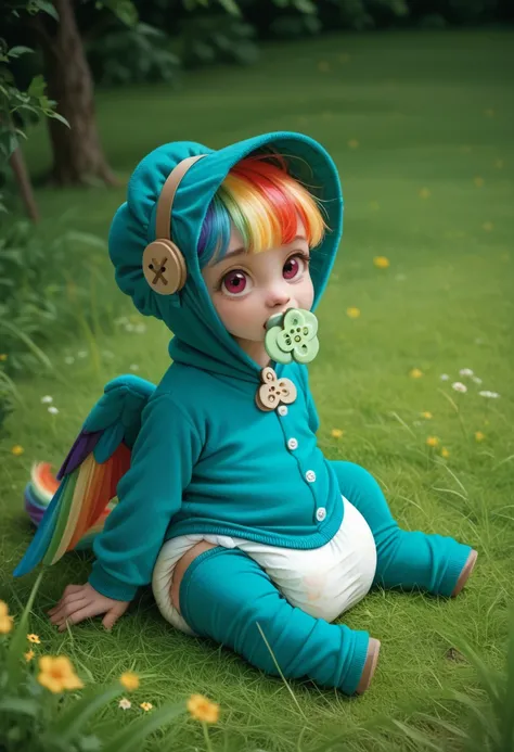 blue pony pegasus alone, blue wool, adult filly, rainbow mane, gathered in a green bonnet, rainbow tail, cherry eyes, sitting outside on the grass, wearing a green onesie with holes for wings, green pacifier in mouth, solo, thick diaper under clothes.