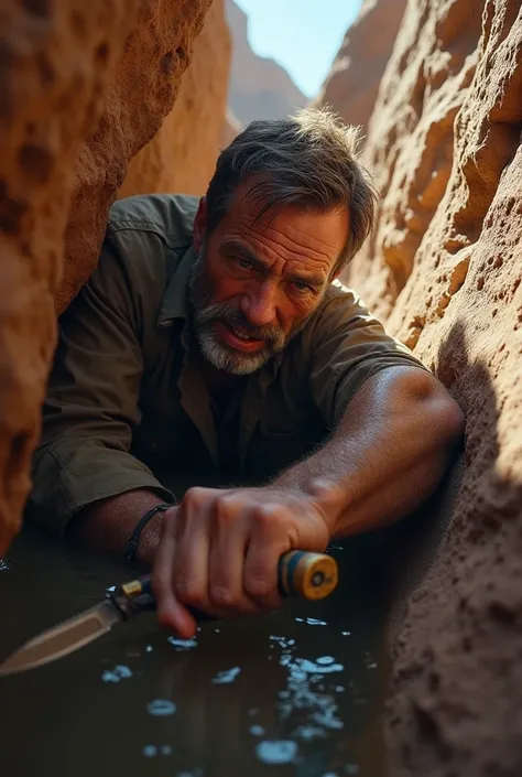 An american man trapped between canyon, A boulder crushed his hand.so that, trying to cut his hand with small knife, cinematic background. 