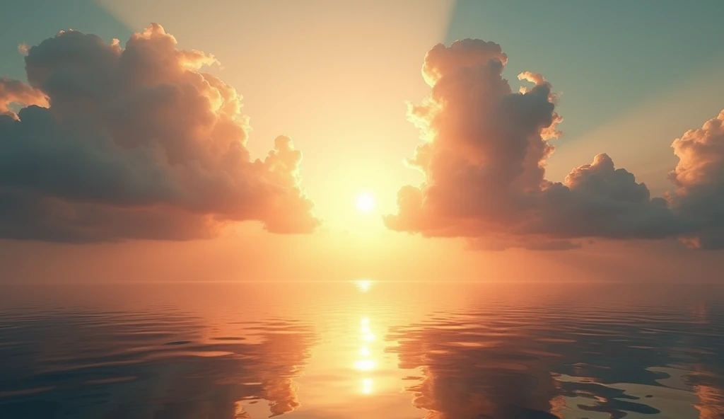 (photorealism:1.2), Create an image of A majestic sunrise breaking through the clouds over a calm ocean, with soft golden light reflecting on the water. The horizon is expansive, symbolizing endless possibilities, and the scene radiates hope and serenity.