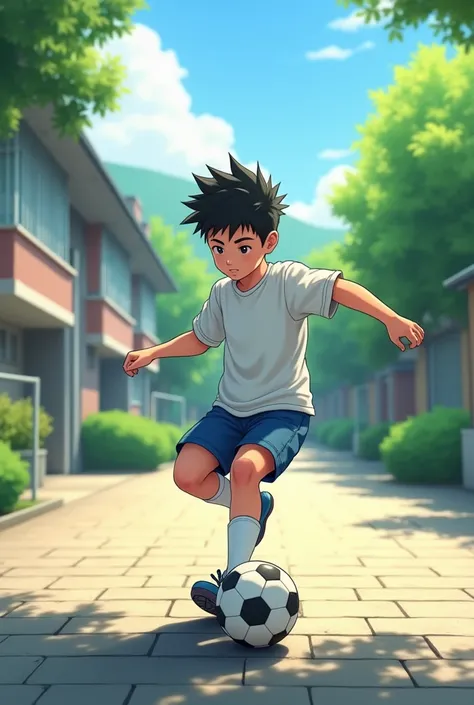 ((Shota)),11 Talents,T-Shirts,Short shorts,White socks,Blue sneakers,(((Highest quality))),(((masterpiece))),(((Very detailed))),(((High resolution))),Very short spiked hair,Japanese,Schoolyard,soccer