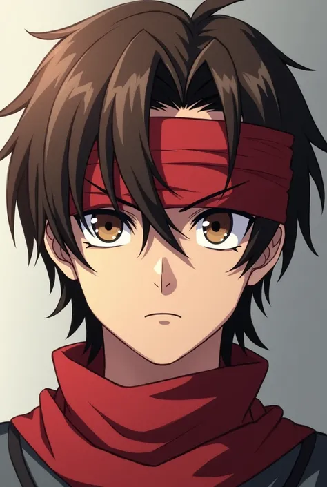 Young adult male brown hair anime with red bandage on his head under his medium thick hair and serious look
