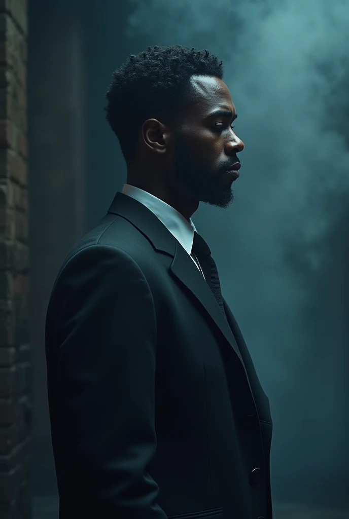 A black man. In a fresh suit. A black background with hints of Blue mist. The man looks exhausted. The angle is from his side. He has curly hair and no facoal hair