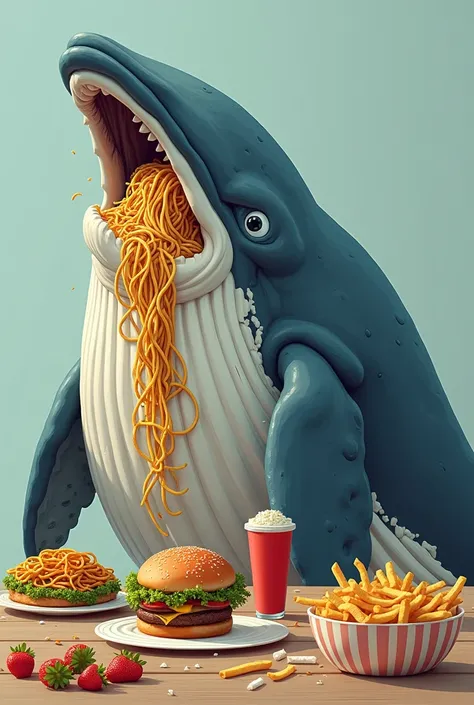 Big fat whale eating noodles and a burger and fries